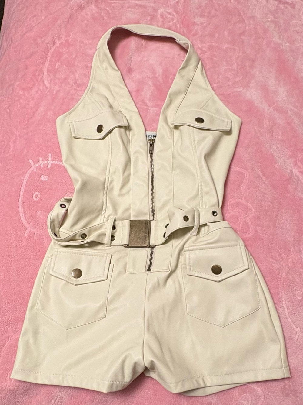 Fashion Nova Cream Halter Utility Romper with Belt
